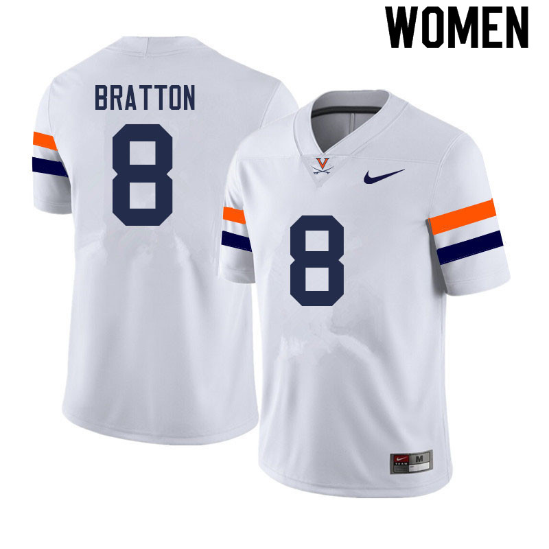 Women #8 Darrius Bratton Virginia Cavaliers College Football Jerseys Sale-White - Click Image to Close